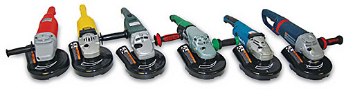 Assortment of grinders to illustrate that The MK-IXL Shroud is designed to fit 7 inch and 9 inch 15 amp grinders from Milwaukee, Dewalt, Metabo, Hitachi, Makita, and Bosch.