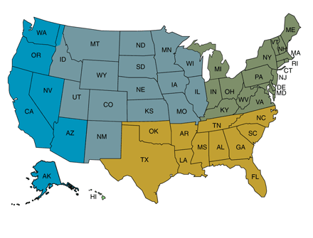 Map of the United States showing redional sales manager's territories.